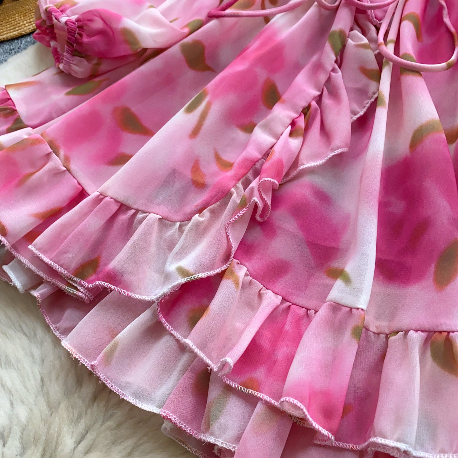 Holidays Style Women's Lace Up Slim Waist V neck Lantern Sleeve Ruffled Floral Short Dress 11