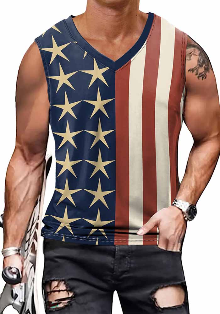 Summer Men's Vest Men's Star Stripe Print V-Neck Sleeveless Top
