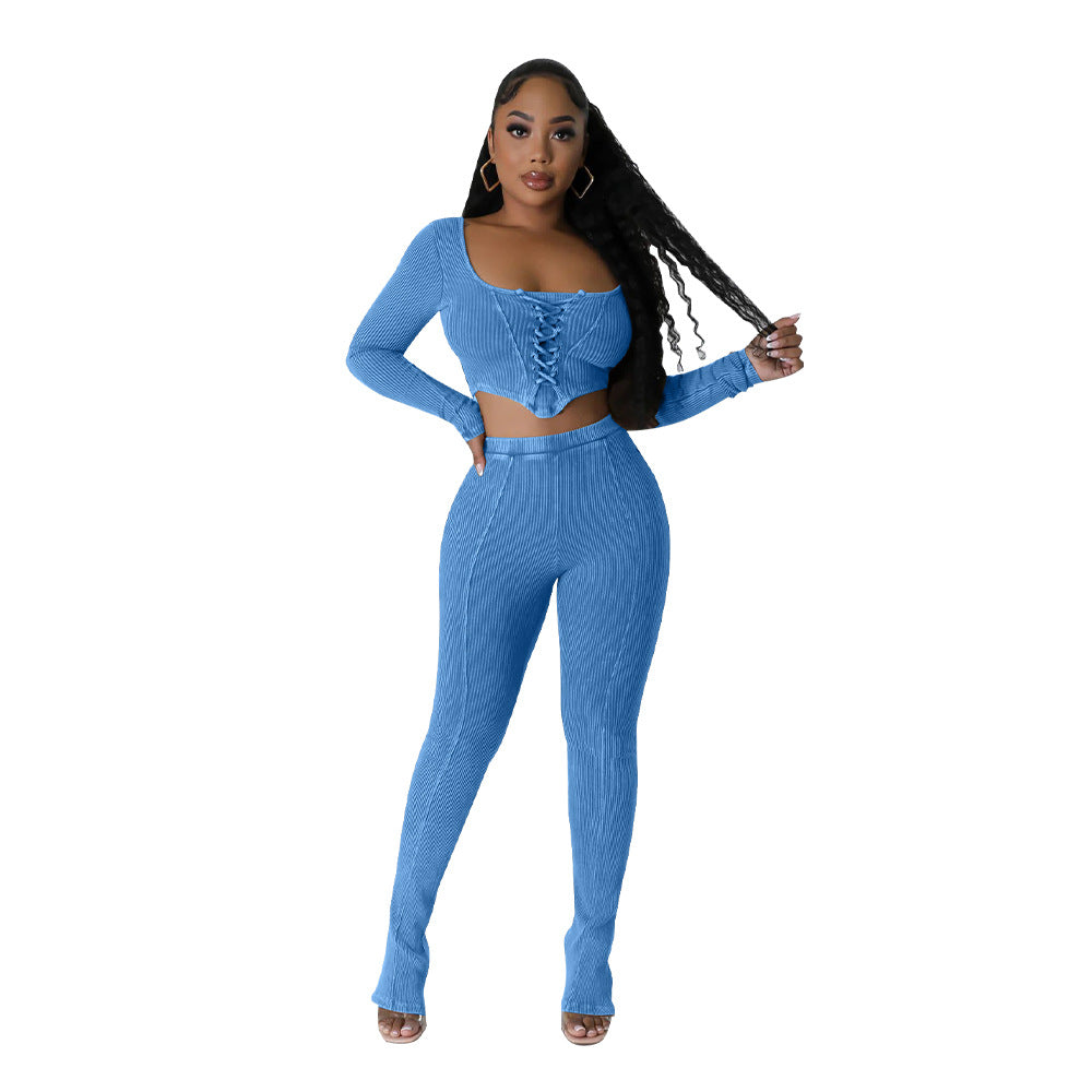 Women's Square Neck Long Sleeve Lace Up Top Sexy Tight Fitting Pencil Pants Fashion Two Piece Set 10