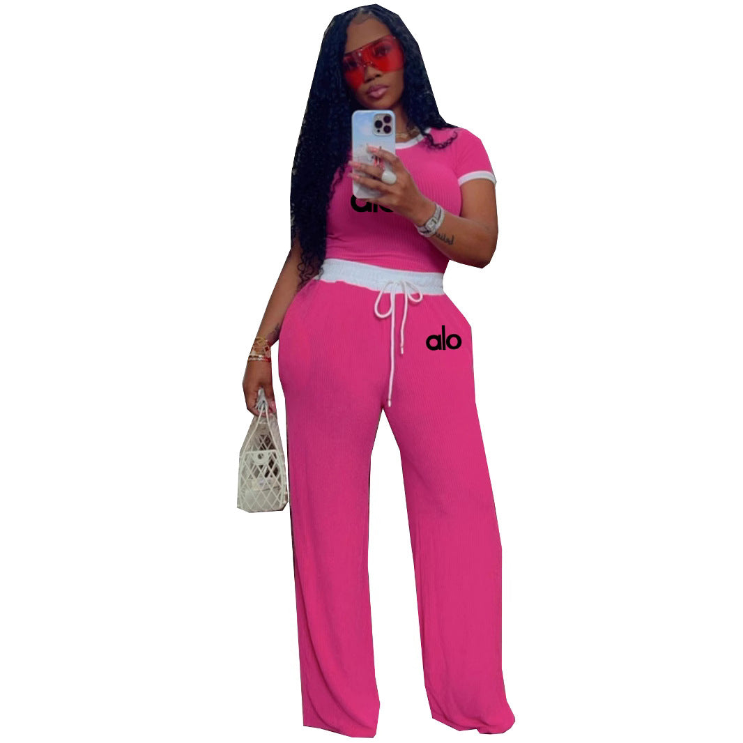 Women's Casual Street Rib Contrast Round Neck Short-Sleeve Two-Piece Pants Set 10