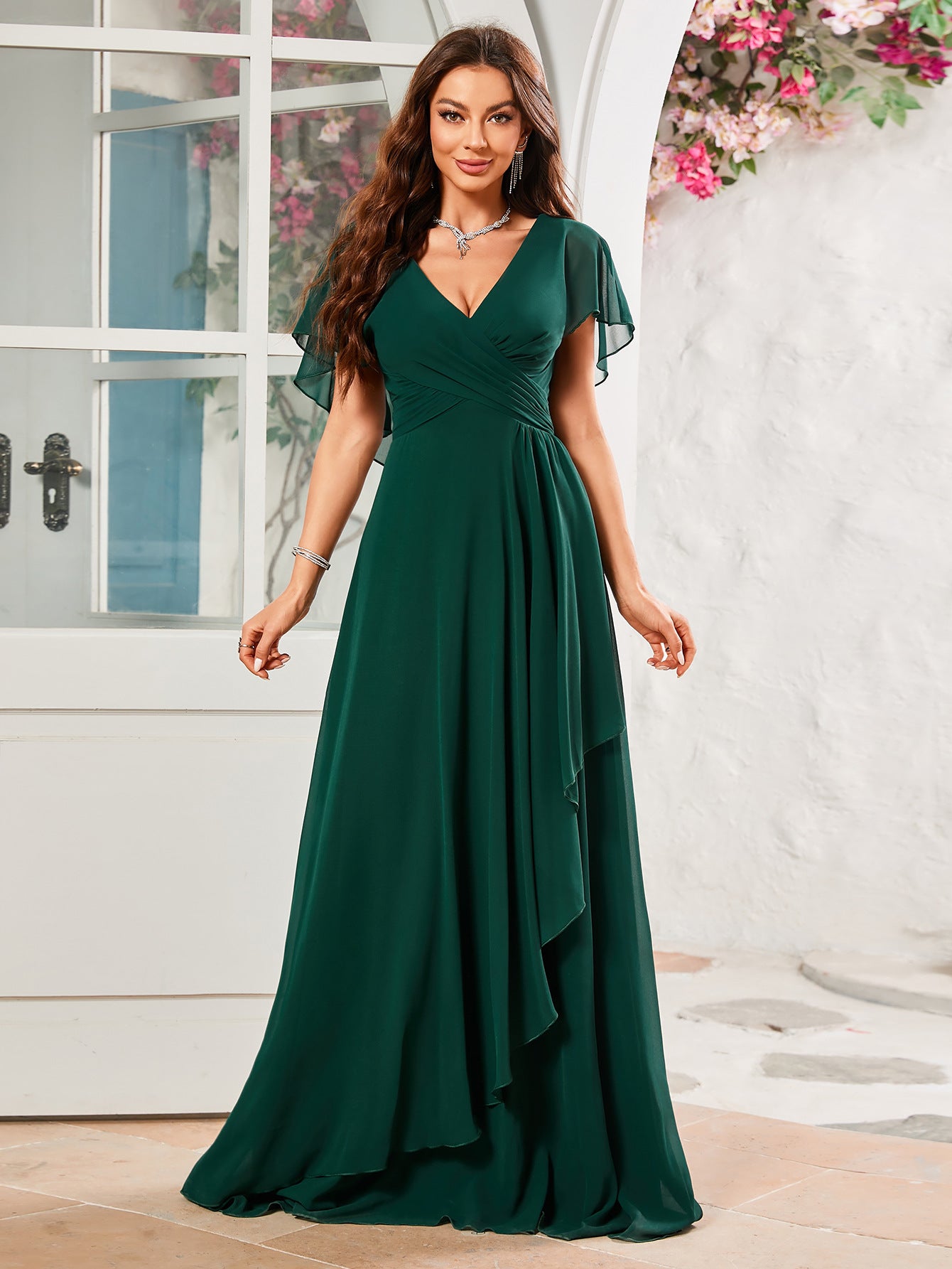 Women V-Neck Chiffon Ruffle Sleeve Pleated Irregular Bridesmaid Dress 4
