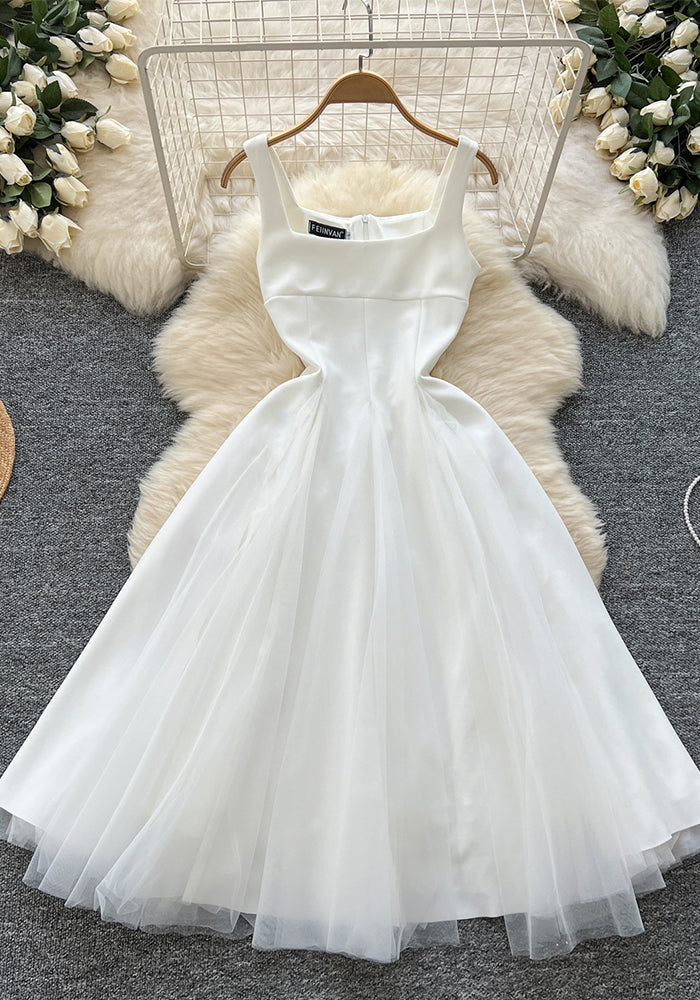 Women's Summer Square Neck Strap Mesh Patchwork Puffy Long Dress