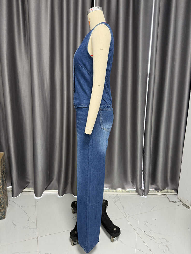 Women Spring Summer Sleeveless Vest Wide Leg Denim two-piece set 8