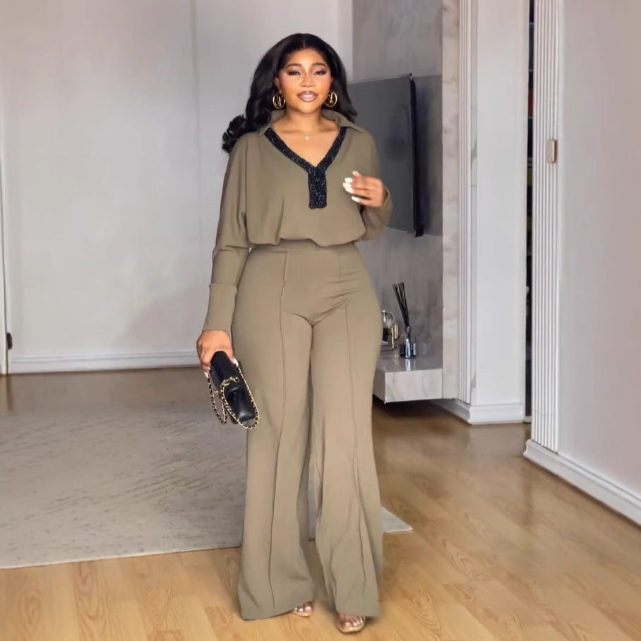 Women Elegant Career Casual V-Type Turndown Collar Long Sleeve Top and Pant Two Piece