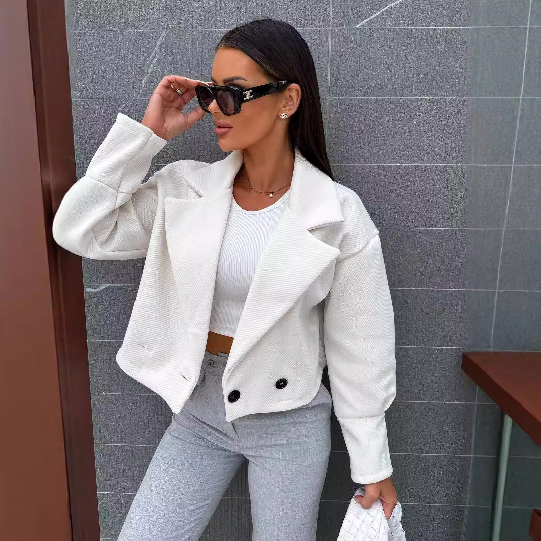 Women Turndown Collar Solid Crop Jacket 7