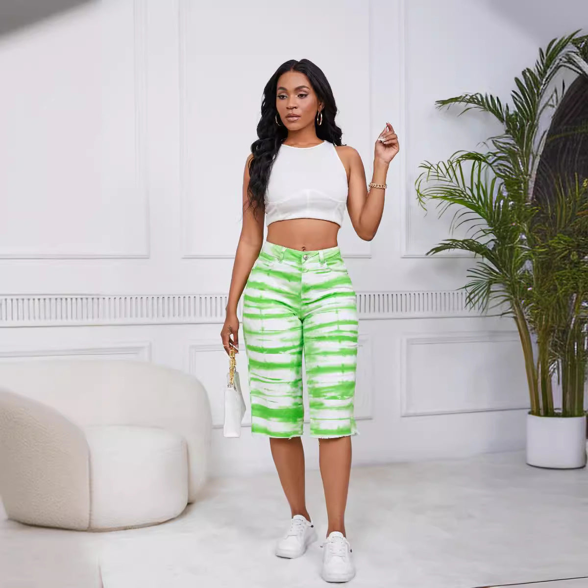 Women Tie Dye Straight Stretch Ripped Denim Cropped Pants Straight Leg Pants 5