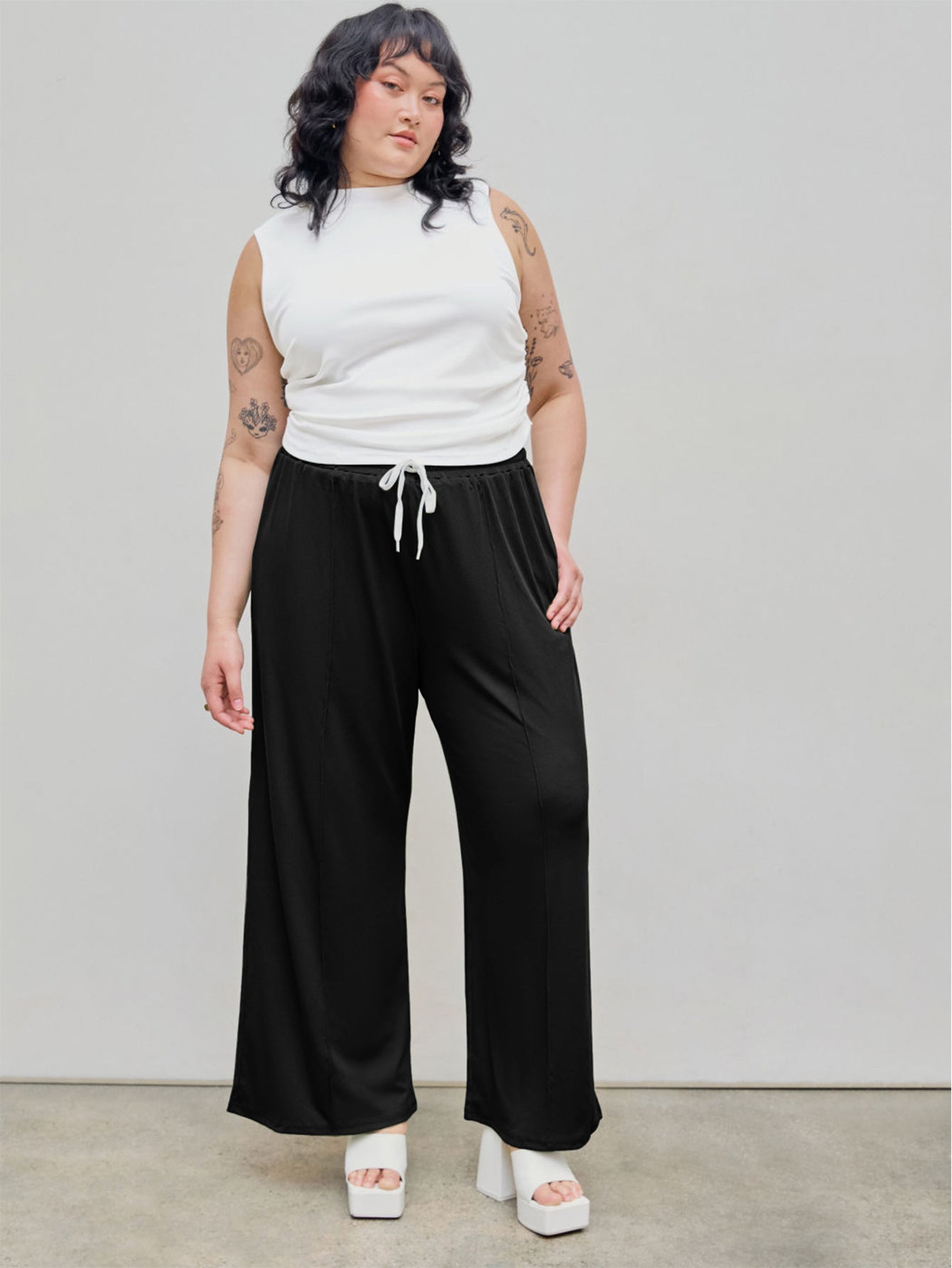 Plus Size Women's Autumn And Winter Elastic Waist Casual Versatile Drawstring High Waist Straight Pants 3