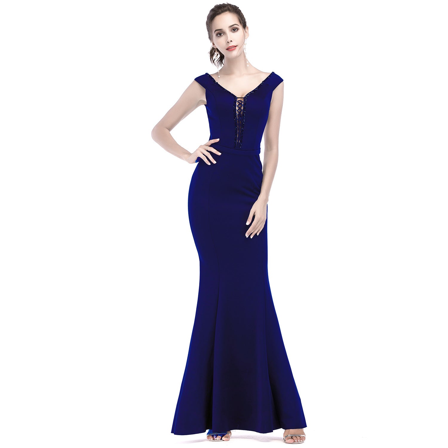 Women Elegant V Neck Slim Formal Party Maxi Mermaid Evening Dress 7