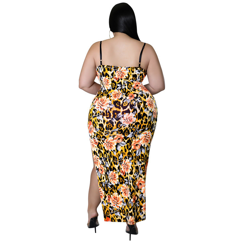 Plus Size Women's Summer Floral Print Strap Sexy Slit Bodycon Dress 9
