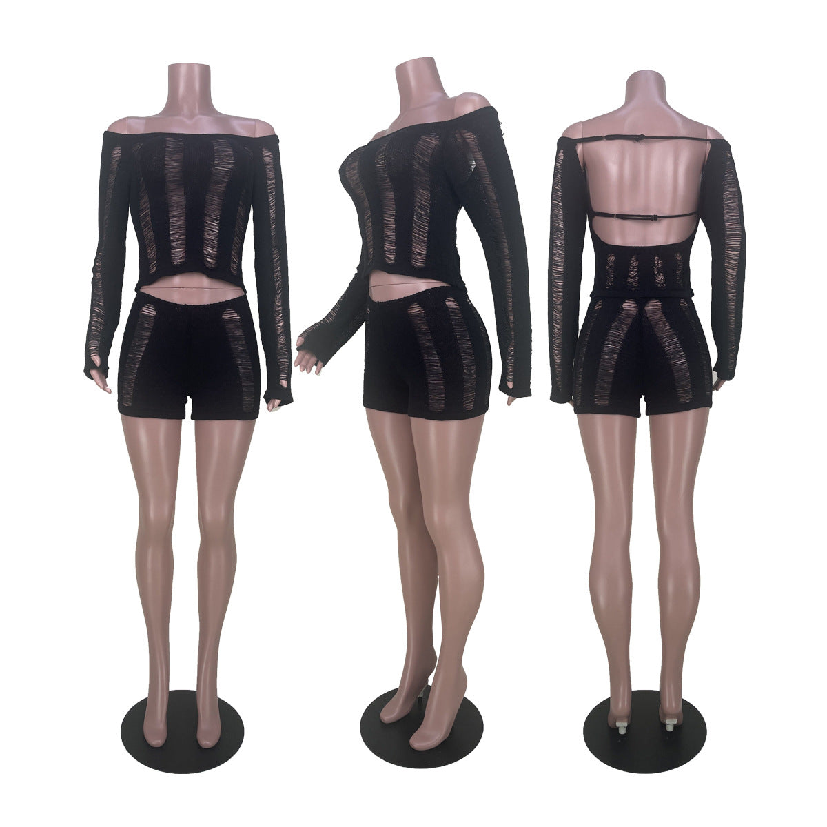 Women's Sexy Off Shoulder Back Hollow Long Sleeve Top Shorts Two-Piece Set 13