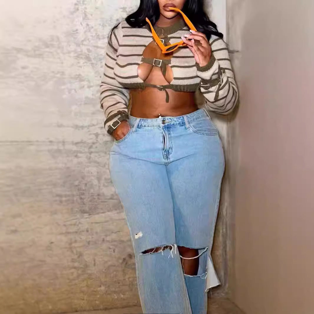 Women Knitting Striped Button Long Sleeve Crop Top 5