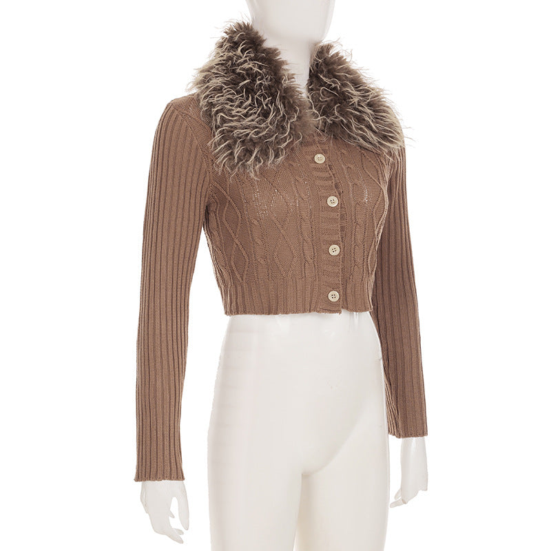 Autumn Winter American Detachable Fur Collar Cardigan Sweater Slim Short Jacket Top Women's Clothing 7