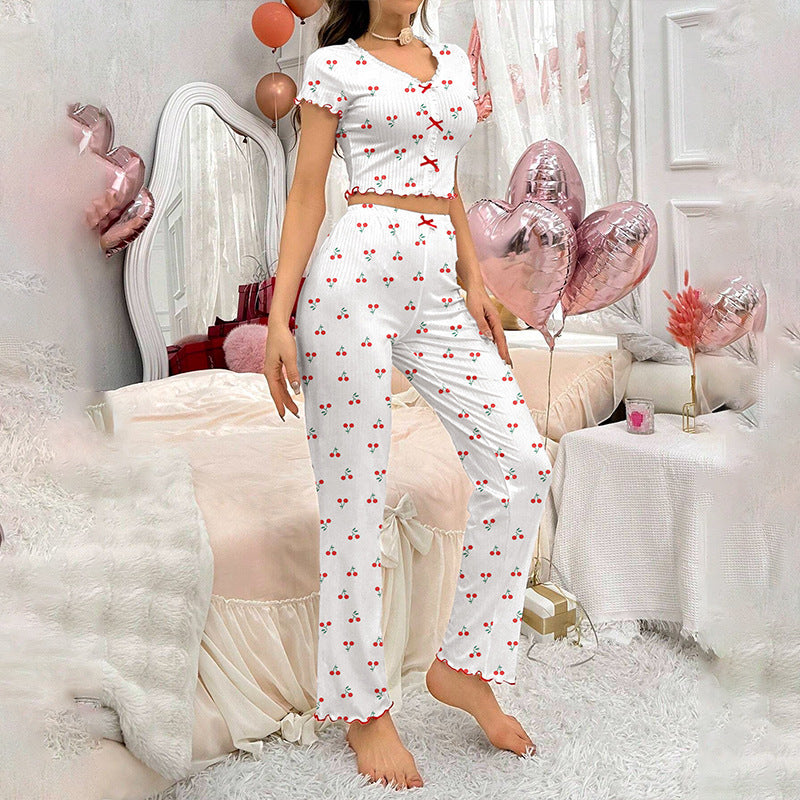 Women Casual Heart Print wave edge short sleeve Top and trousers Pajama two-piece set 4