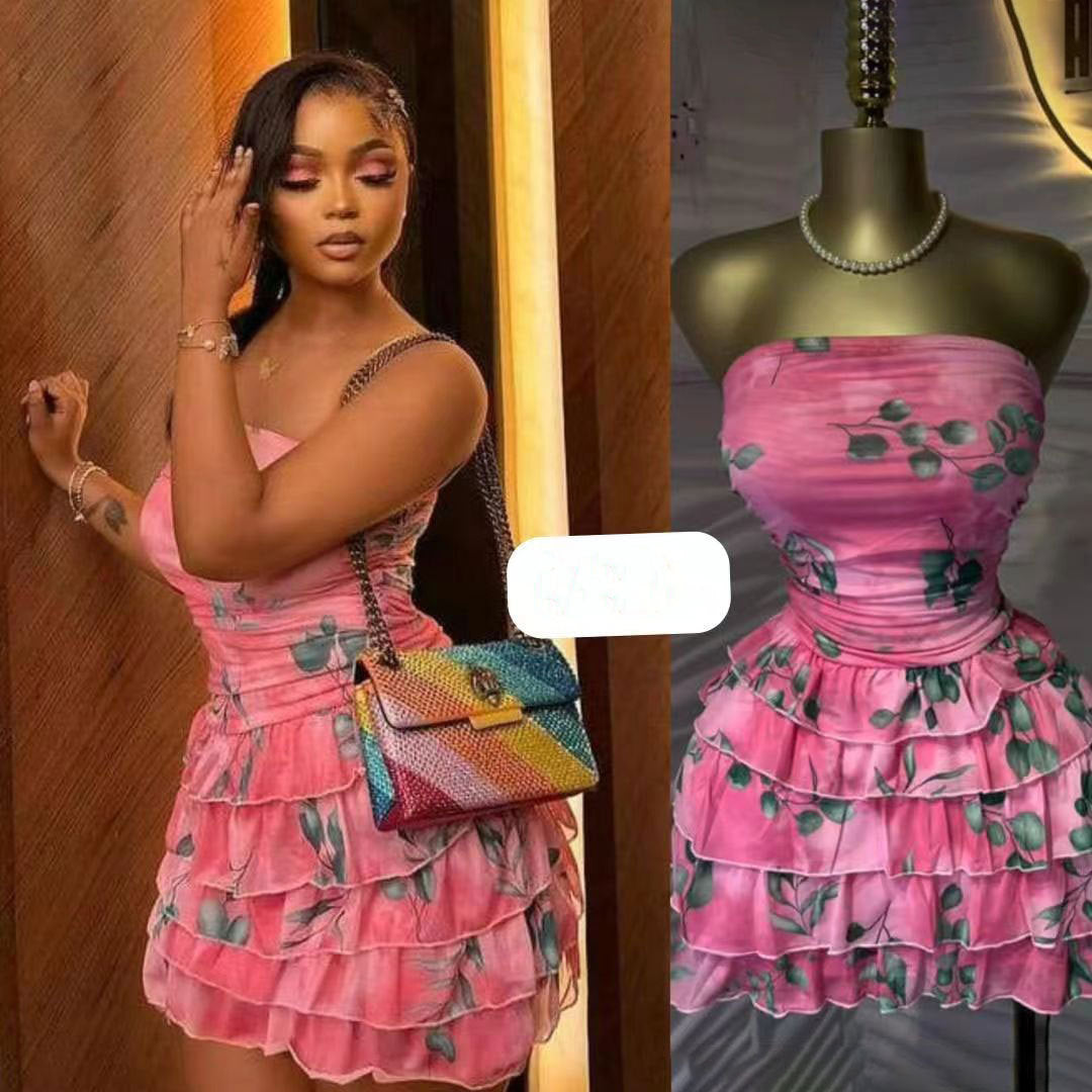 Women Mesh Print Strapless Sexy Backless Cake Dress