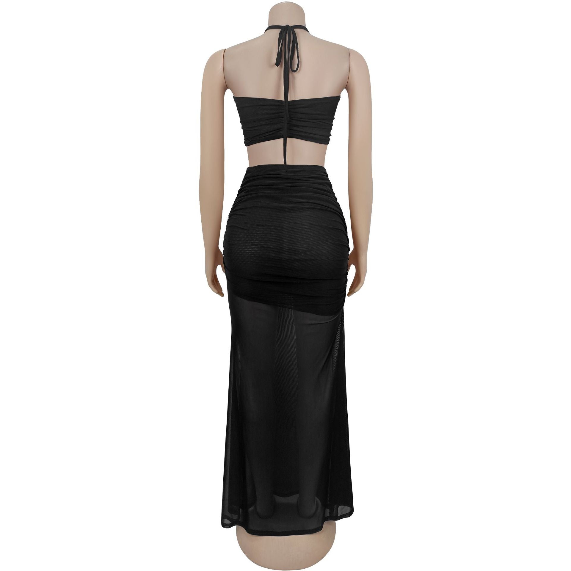 Sexy Strapless Ruched Mesh Mermaid Long Skirt Set 8