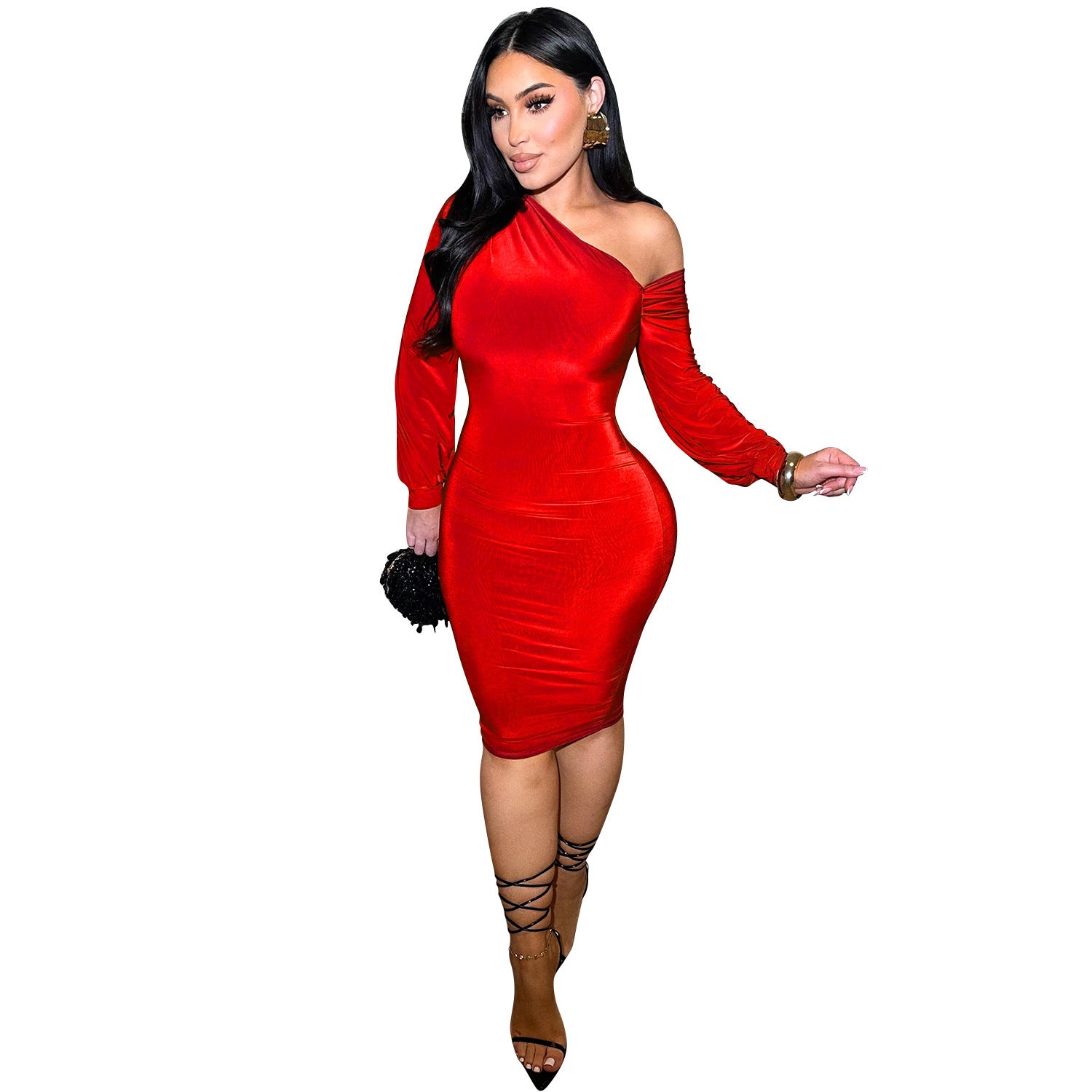 Women autumn and winter sexy lantern sleeves Slash Shoulder dress 9