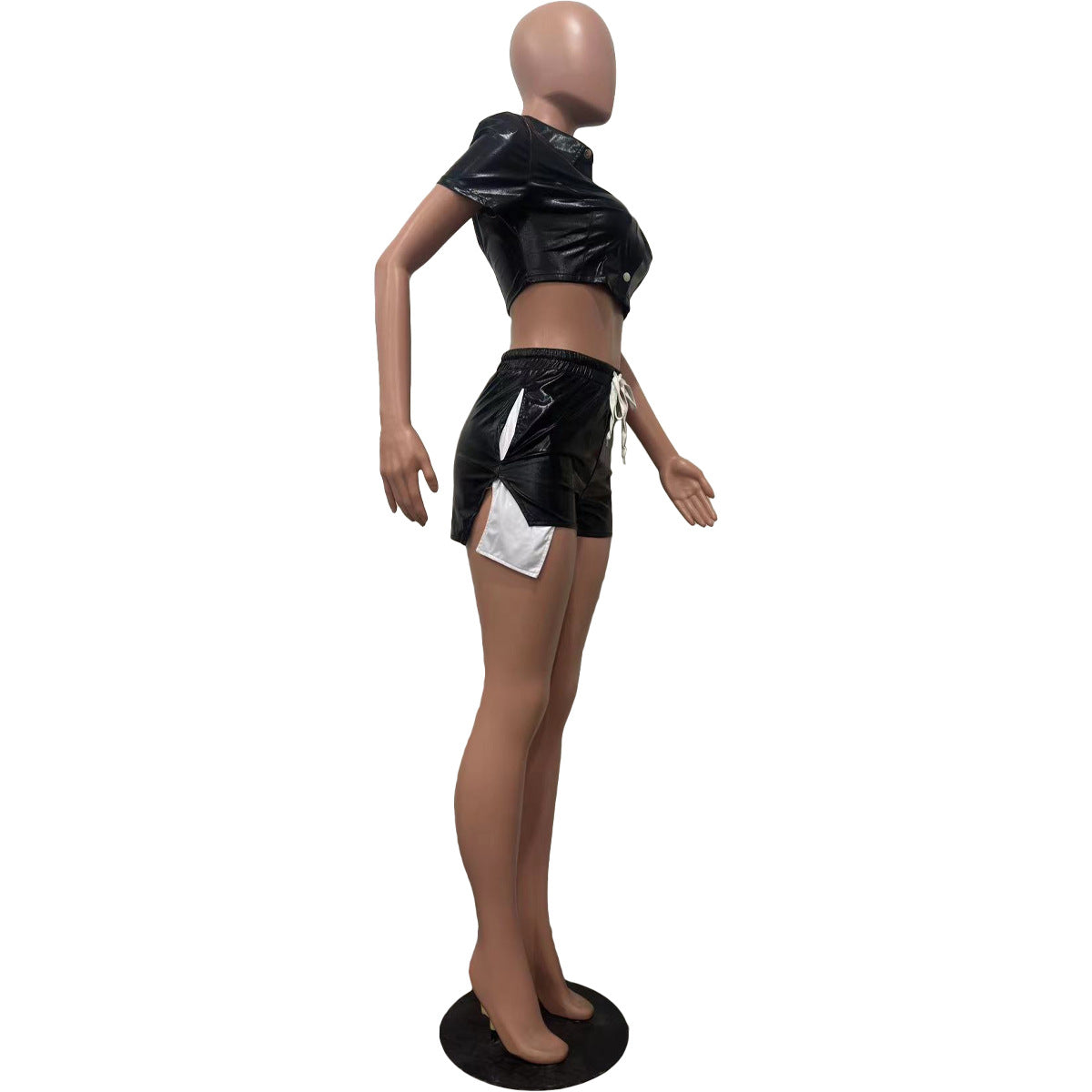 Women's Deep Pocket Slit Pu Leather Short Front Short Back Long Shorts Two-Piece Set 29