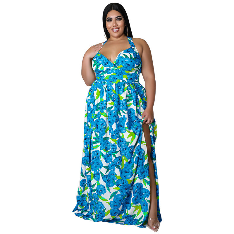 Plus Size Women's Summer Sexy Halter Low Back Print Slit Maxi Dress 10