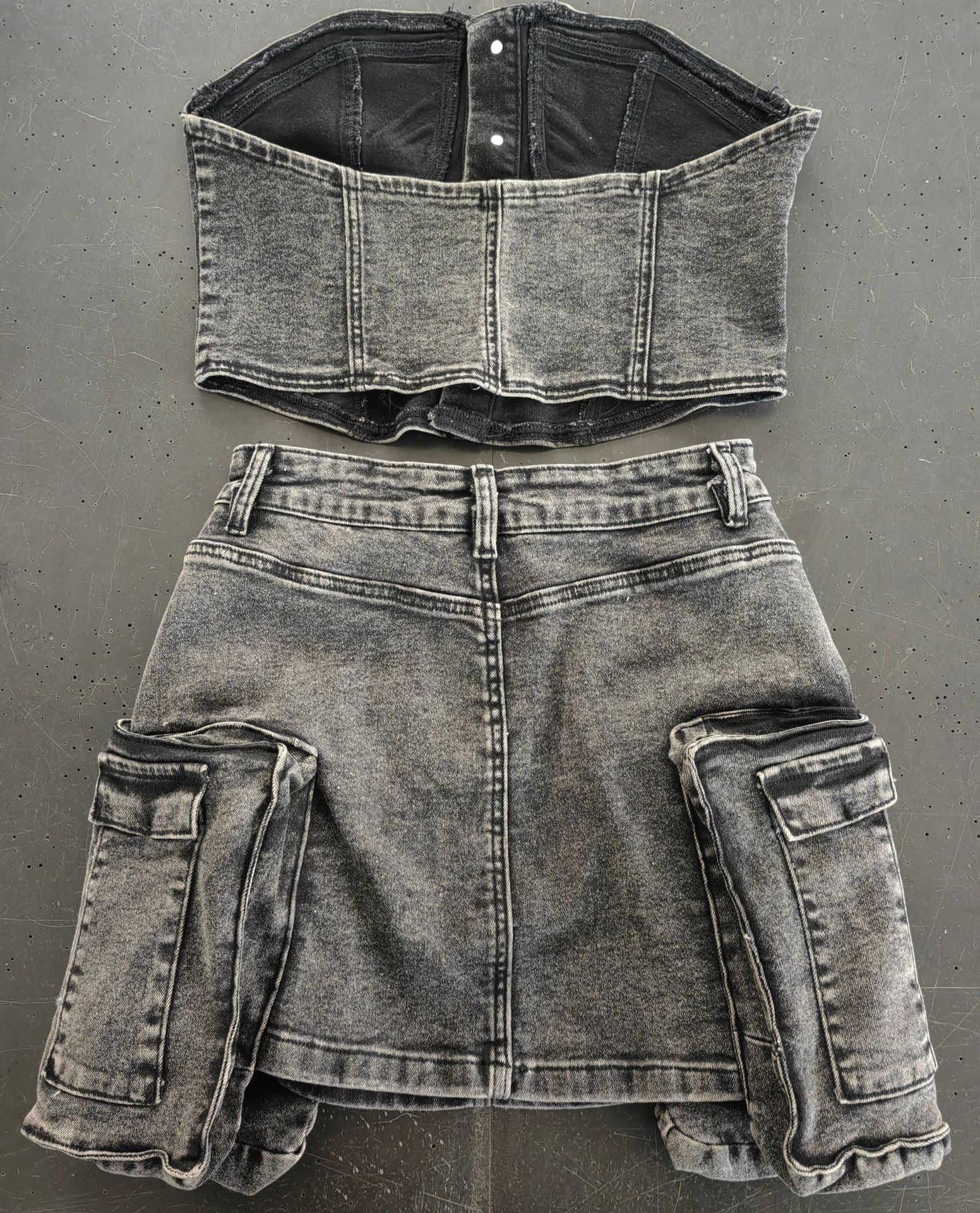 Women retro strapless stretchy top and skirt denim two-piece suit 12