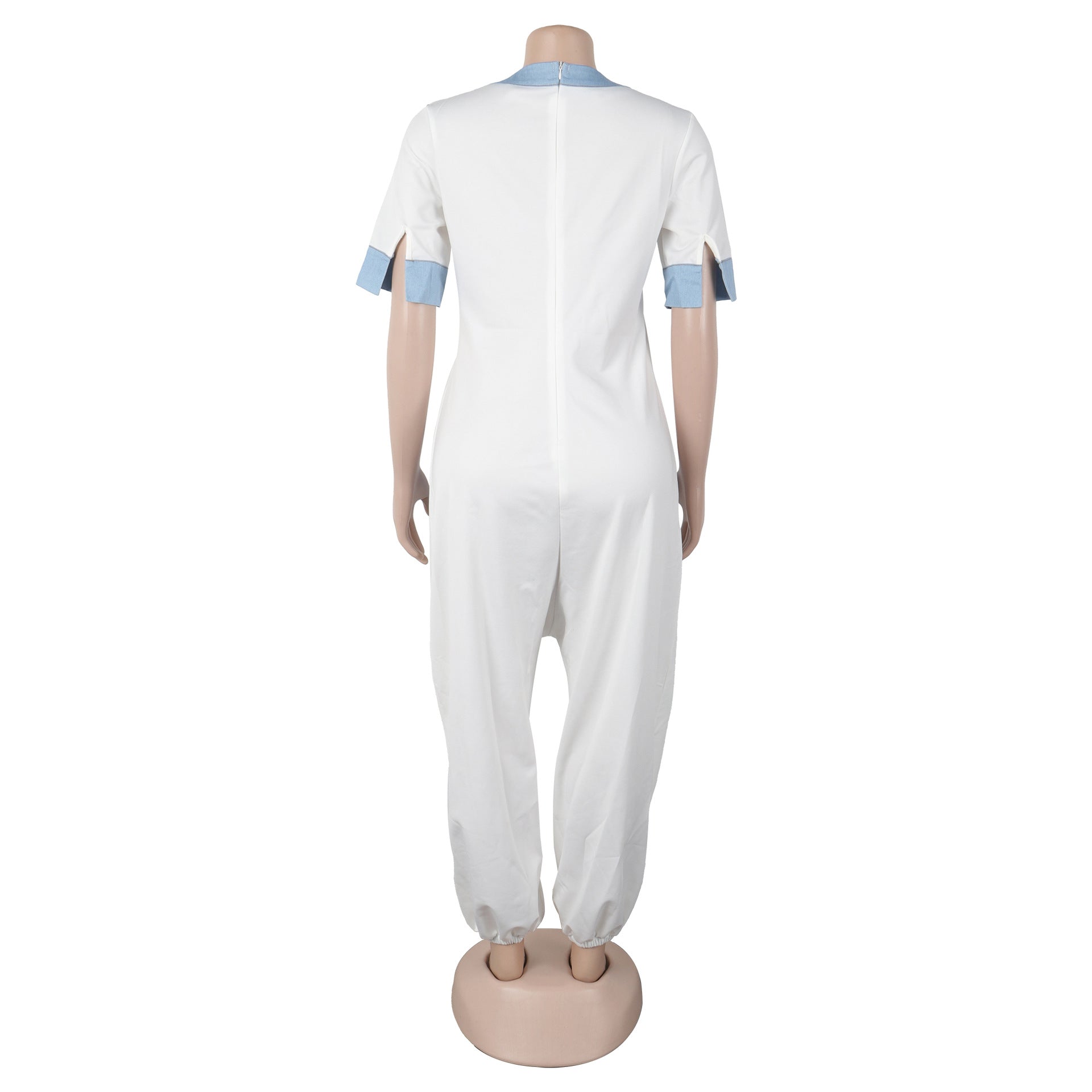 Women Casual Career V-Neck Patchwork Contrast Stretchy Denim Jumpsuit 14