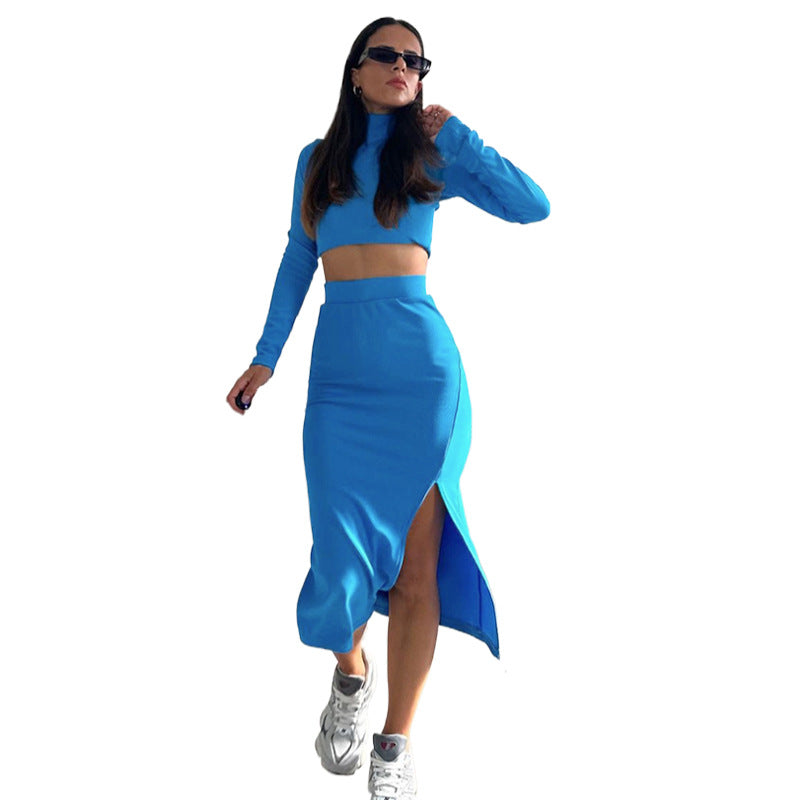 Spring And Autumn Solid Color Ribbed Round Neck Long-Sleeved Women's Two-Piece Fashionable Slit Maxi Skirt Set 12