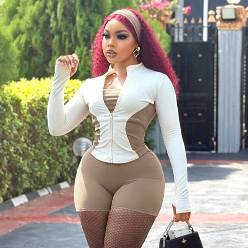 Women Stand Collar Contrast Patchwork Long Sleeve Finger Zipper Top Knot Shorts Two-Piece Set 4