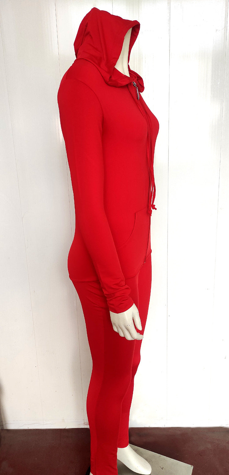 Women Casual Sports Running Fitness Zippered Hooded Top Long Pants Two-piece Set 21