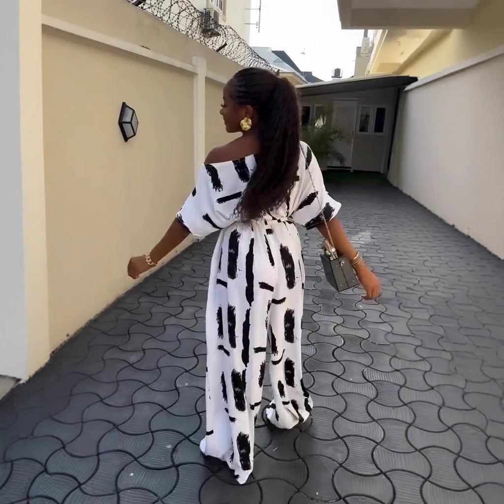 Plus Size Women Summer Off Shoulder Printed Short Sleeve Jumpsuit 4