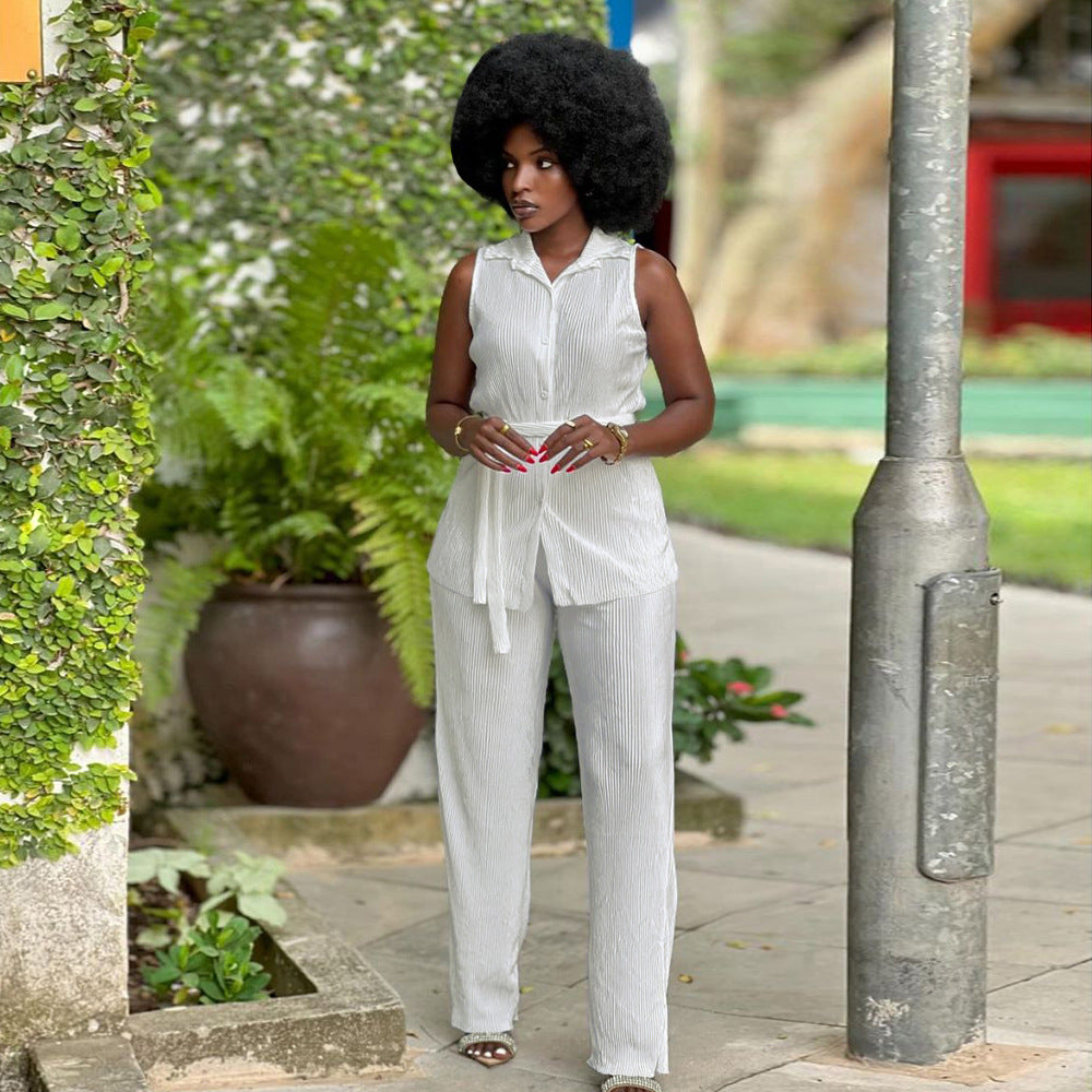 Fashionable Women's Sleeveless Pleated Casual Two Piece Pants Set