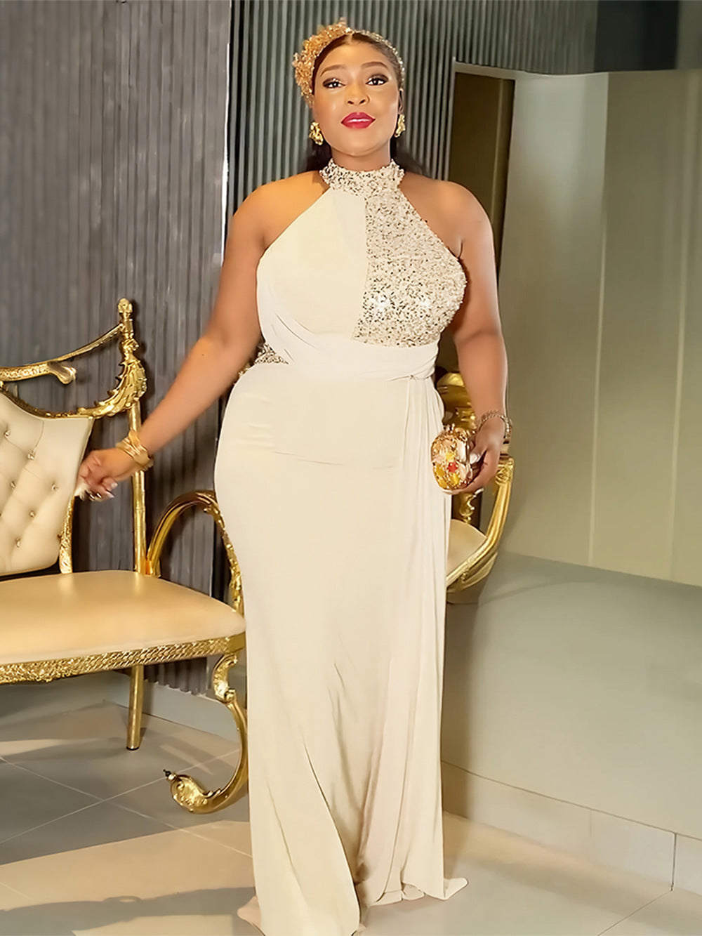 Plus Size Women's Long Dress African Fashion Elegant Sexy Halter Neck Slim Waist Evening Gown 5