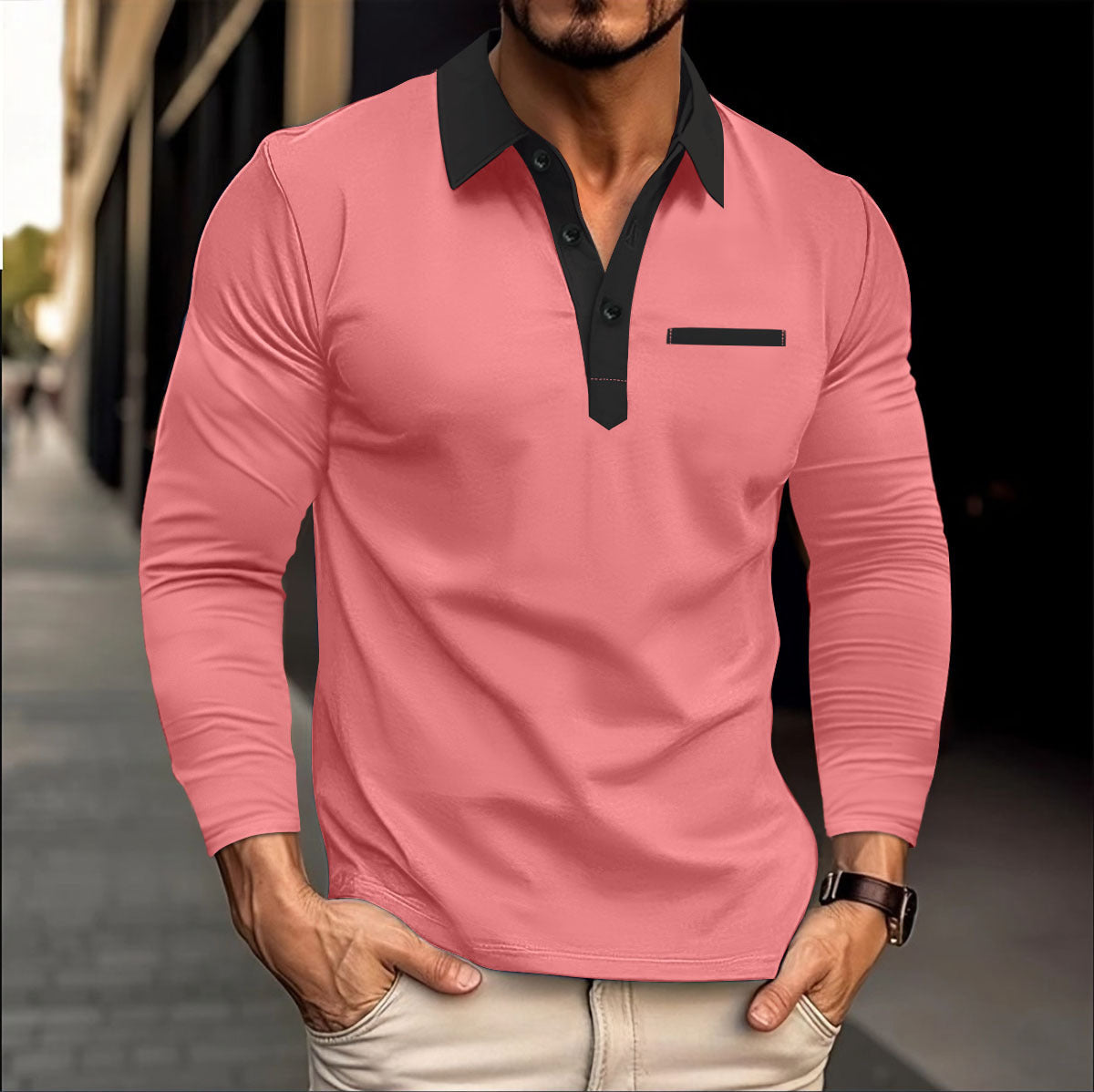 Autumn winter men's long-sleeved polo shirt Turndown Collar fashion color matching top 5