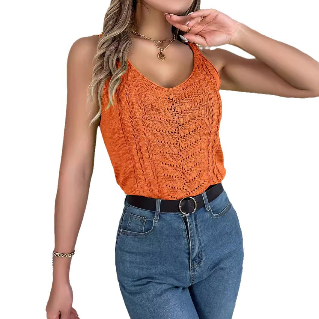 Spring And Summer Casual Solid Color V-Neck Hollow Top Holidays Knitting Shirt Women 's Clothing 9