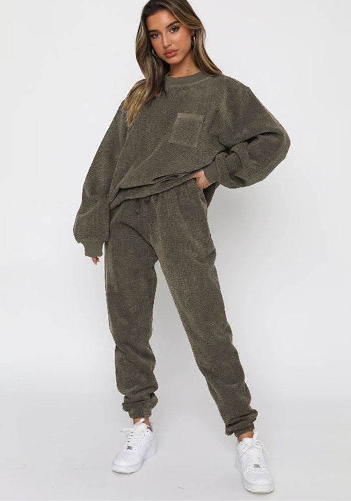 corduroy solid color Round Neck pullover long-sleeved two-piece fashion trouser suit women