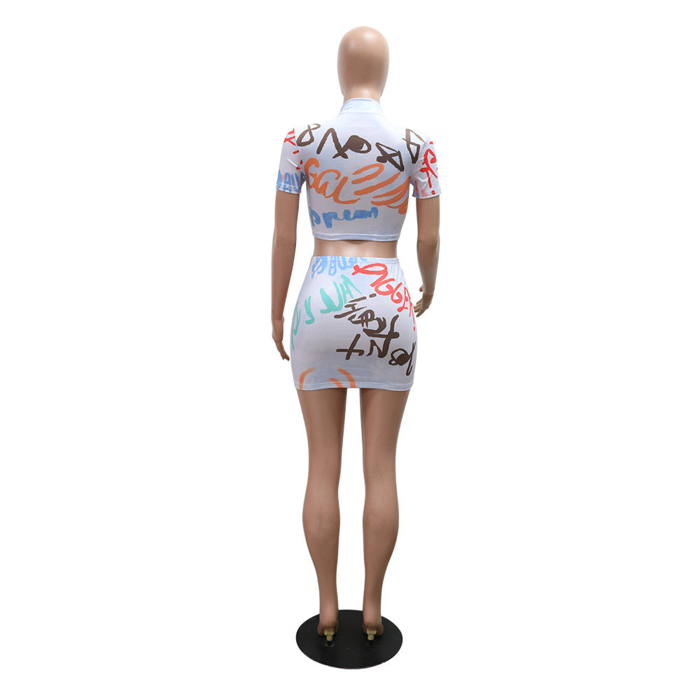 Fashion Printed Round Neck Short Sleeve Top Slim Short Skirt Sexy Two Piece Set 4