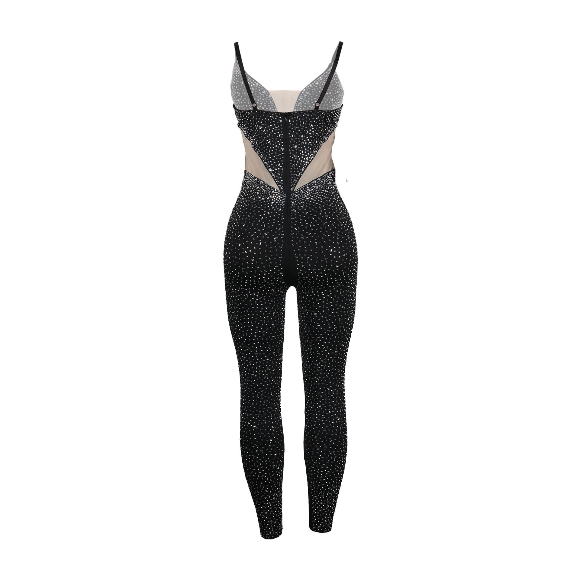 Women Beaded Stretch Suspender Bodycon Jumpsuit 14