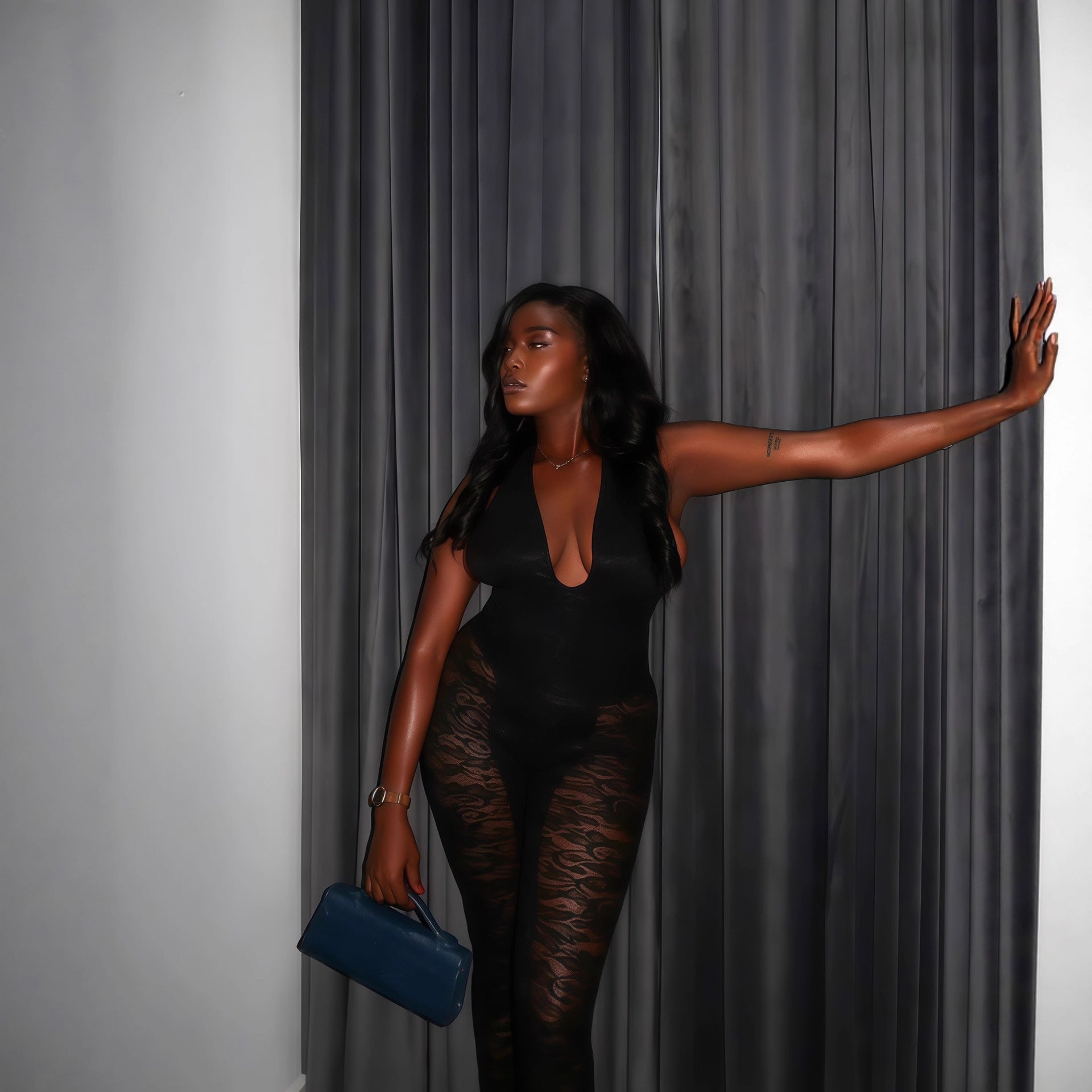 Women's Autumn Sleeveless Halter Neck Sexy Low Back V-Neck Tight Fitting Long Jumpsuit 5