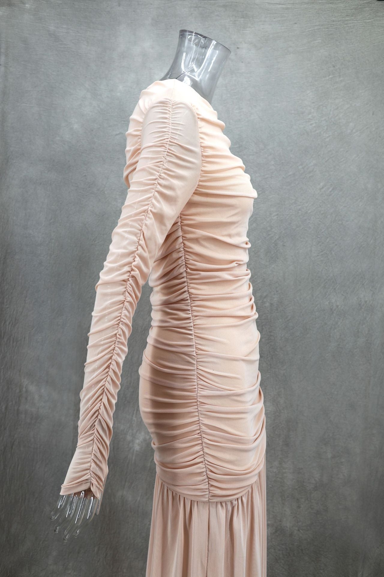 Women Elegant Sexy Round Neck Long Sleeve Pleated Solid Maxi Dress 12