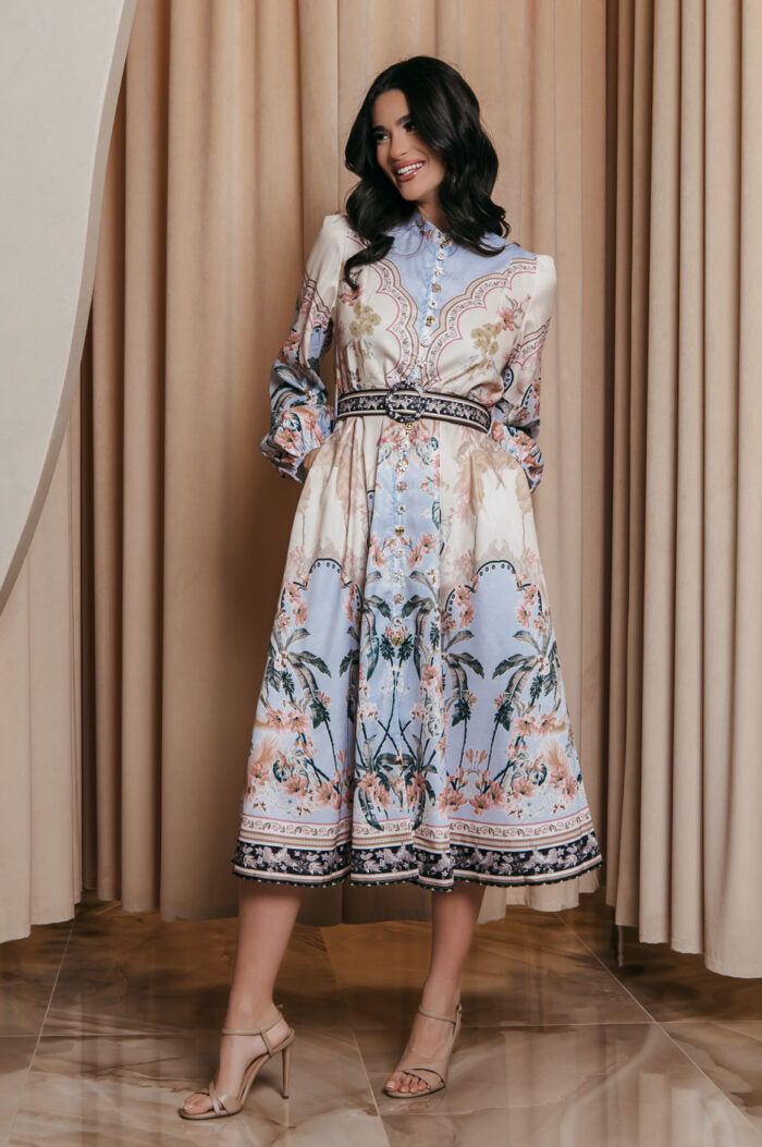 Elegant Print Row Jewelry Button Floral Lantern Sleeve Midi Dress with Belt 7