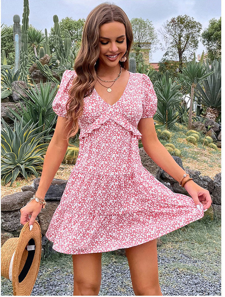 Women Floral Dress Pink Ruffle Patchwork Pleated Dress 3