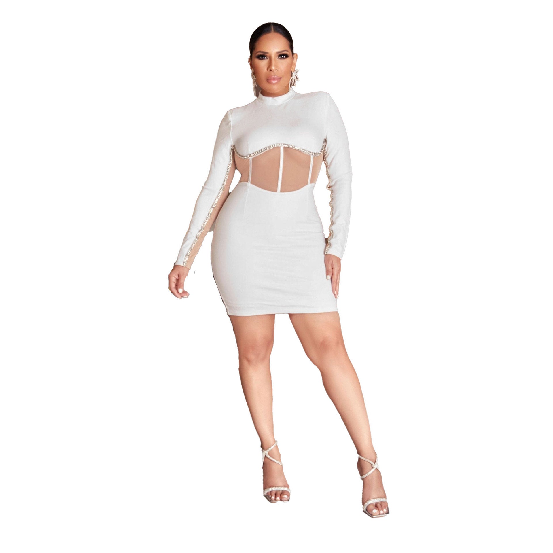 Sexy Rhinstone Patchwork Contrast Slim Waist Long Sleeve Bodycon Dress 6