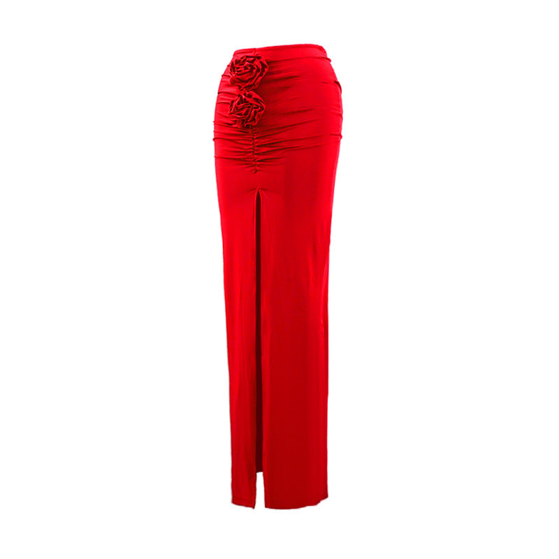 Summer Solid Color Slim Flower Split Long Skirt 21