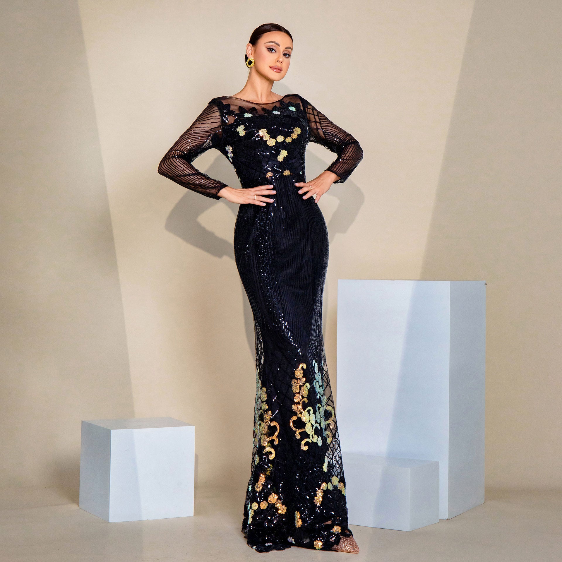 Women Sequined Long Sleeve Round Neck Formal Party Maxi Evening Dress 6