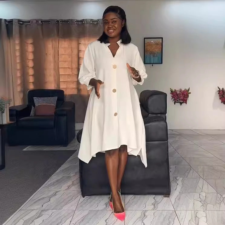 Women Solid Irregular Lantern Sleeve Dress 8