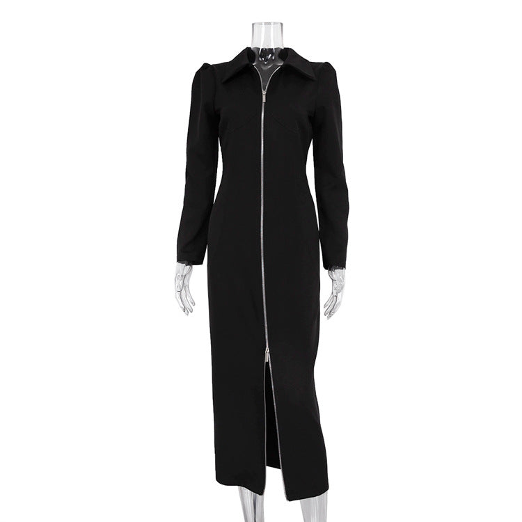 Women's Fashion Turndown Collar Zipper Long Sleeve Black Dress 6