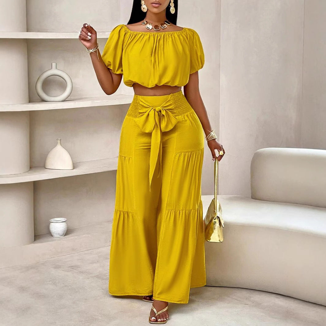 Women Short Sleeve Top Lace-Up Pleated Wide Leg Pants Two Piece Set 4