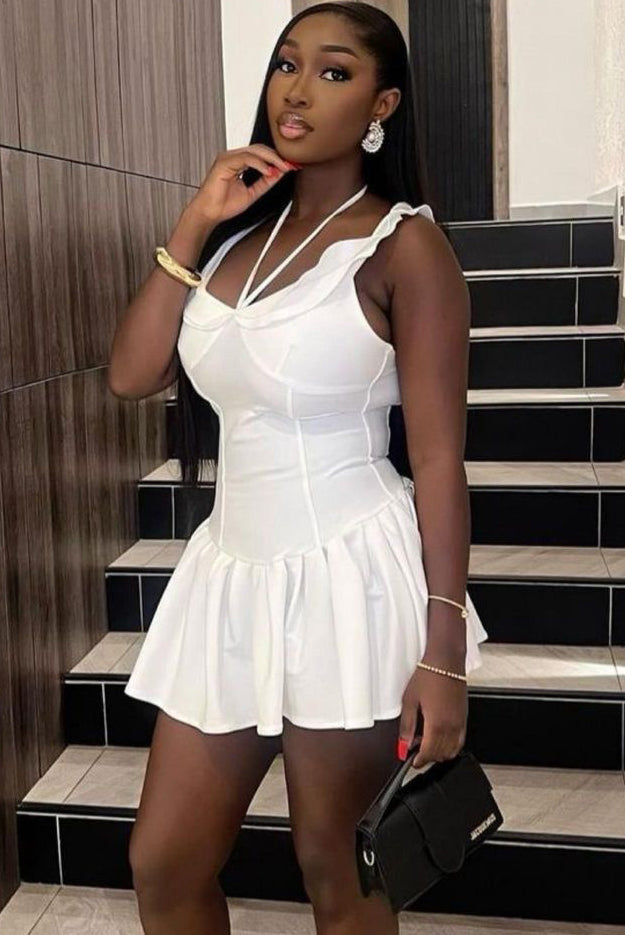 Women V-neck Lace-Up Ruffle Edge Off-shoulder Backless Solid Dress 3