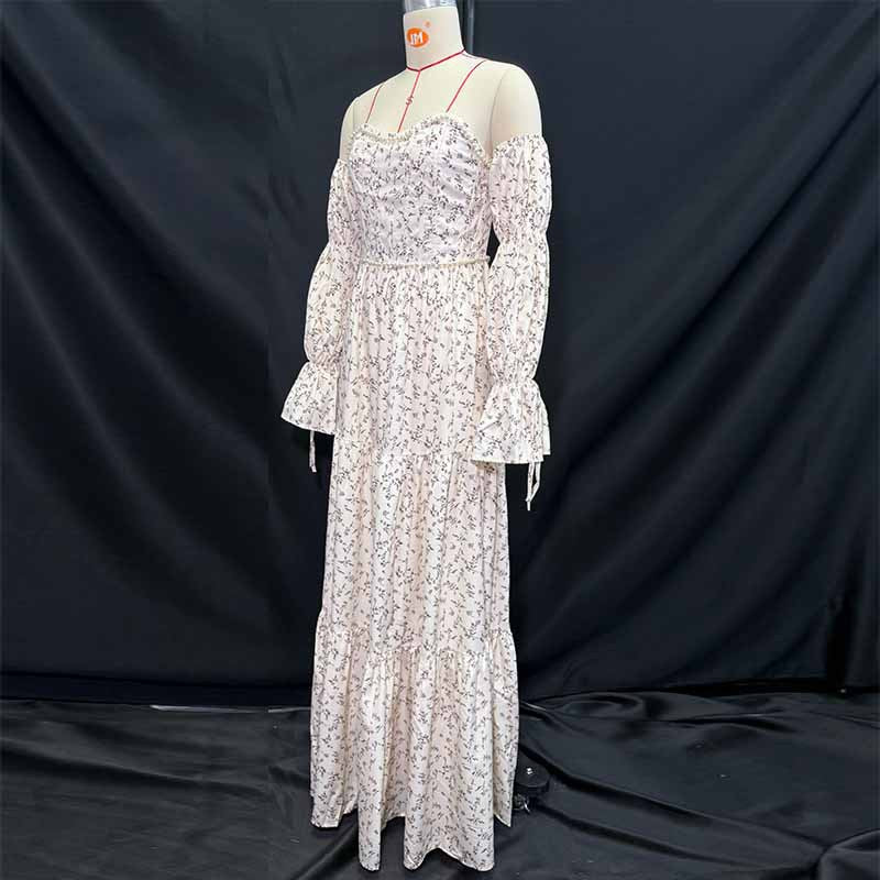 Women Summer White Floral Off-Shoulder Puff Sleeve Tie Dress 4