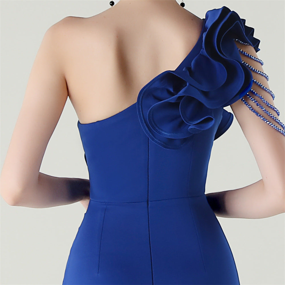 Women One-Shoulder Beaded Wool and Floral Satin Slit Sexy Evening Dress 80