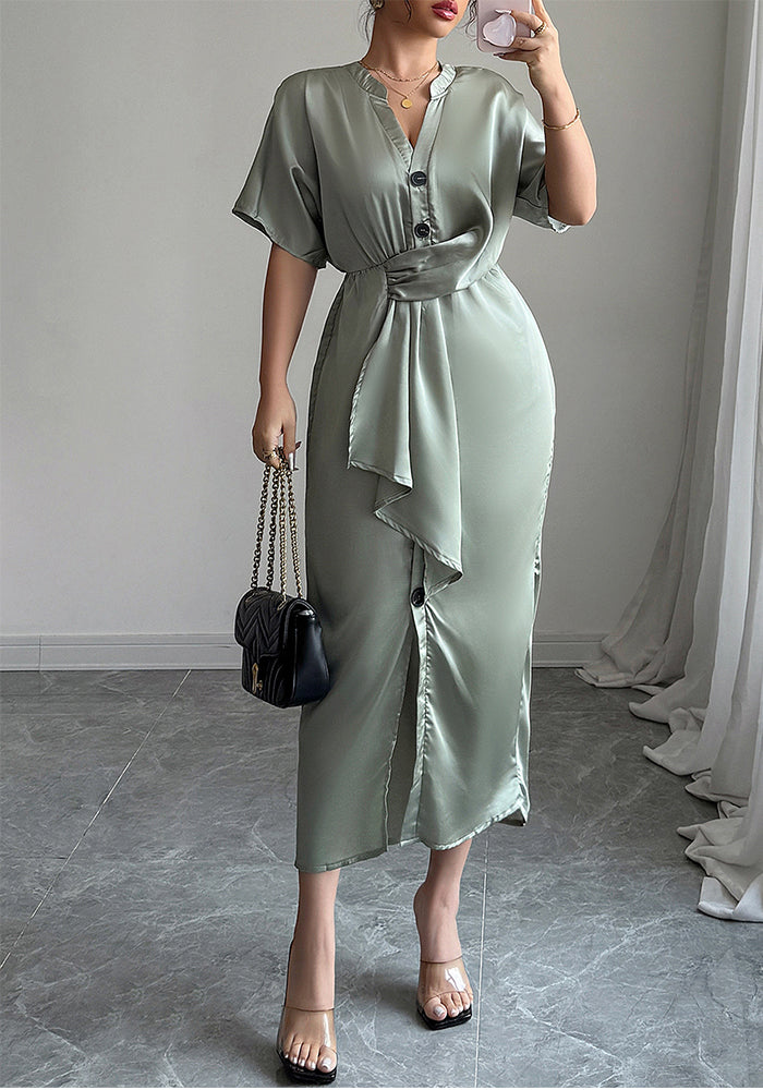 Spring/Summer Chic Elegant V-Neck Side-Slit Slim Waist Midi Dress
