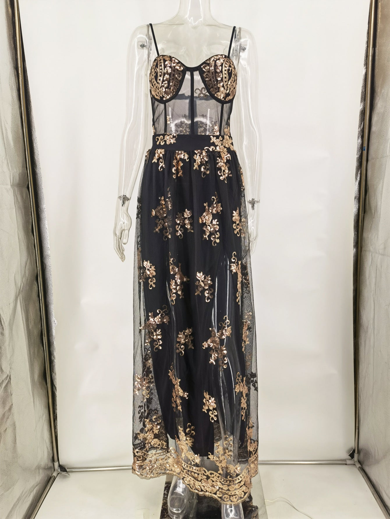 Sexy See-Through Green Sequin Dress Women's Maxi Evening Gown 10